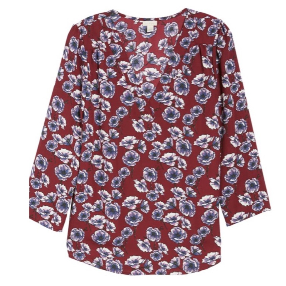 HINGE Maroon Floral Print V-Neck Blouse - Picture 2 of 14